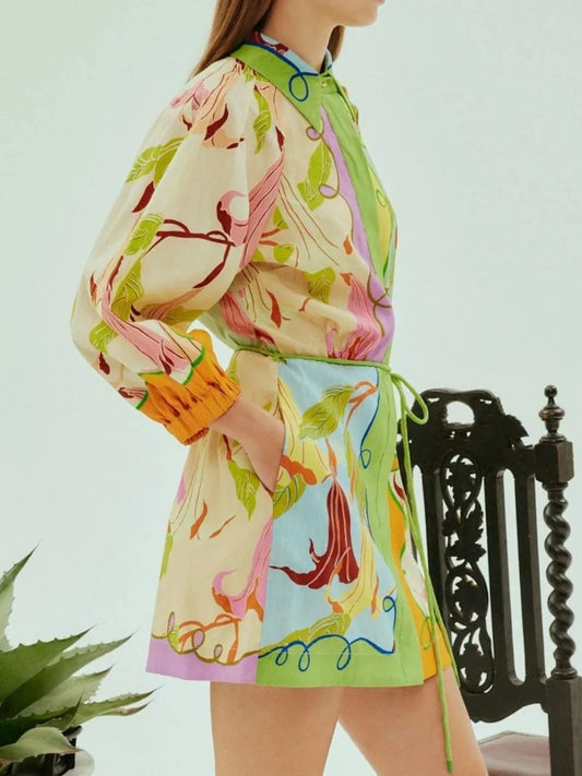 Abstract Print Tie Front Mini Shirt Dress with Pockets - DevilShop