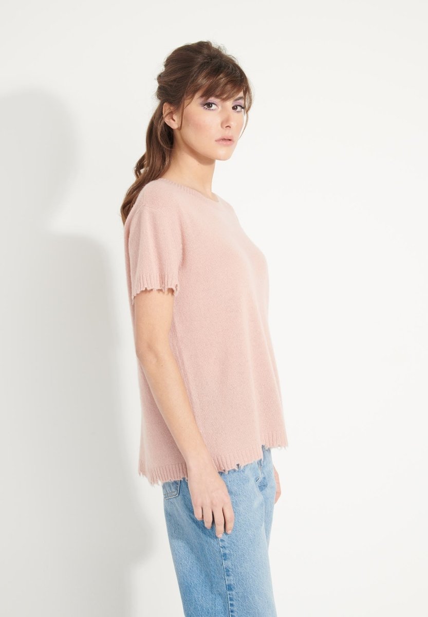 T-shirt col rond femme en cachemire déjaugé rose poudré - AVA 6