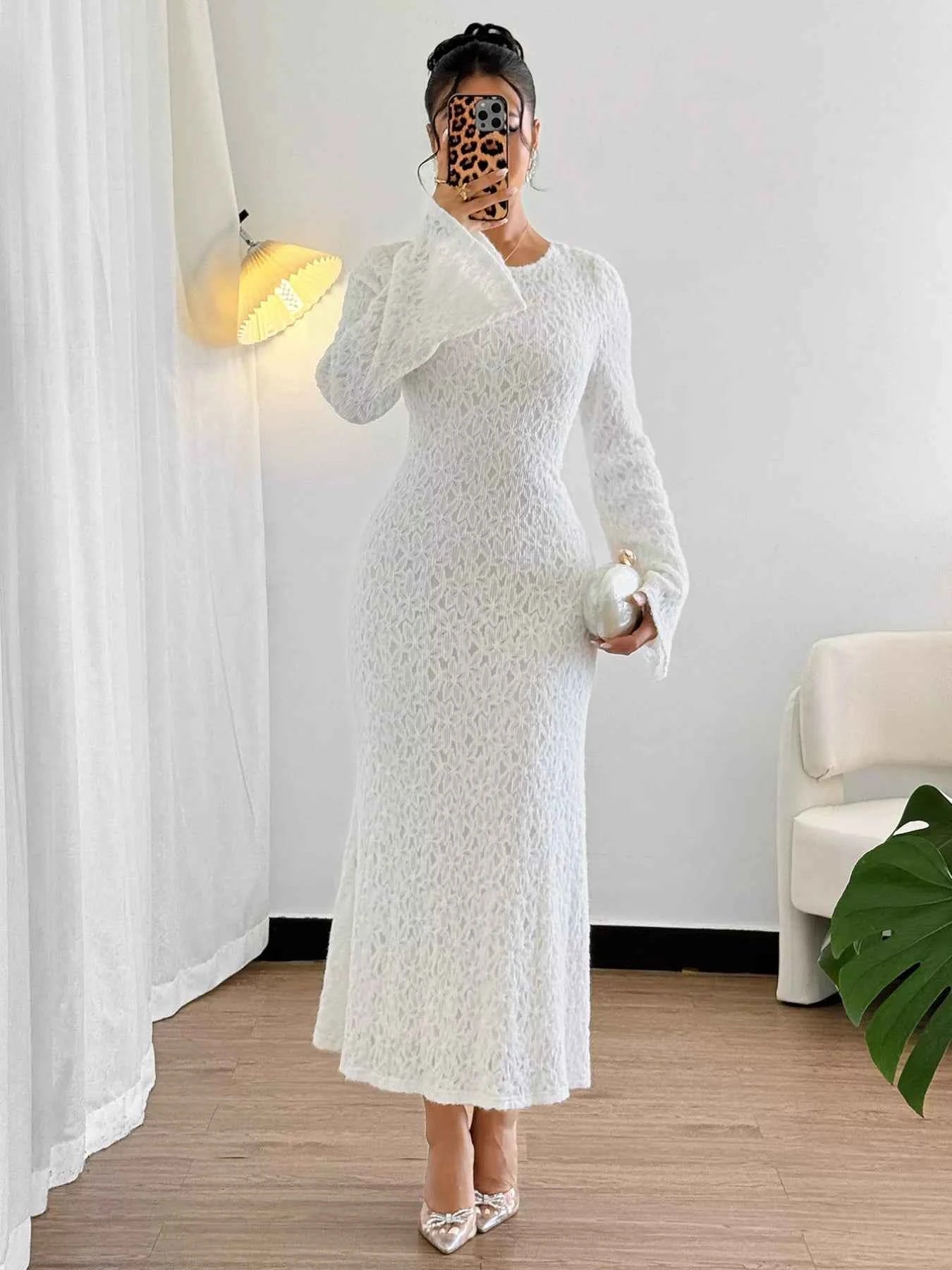 Lace Round Neck Flare Sleeve Dress