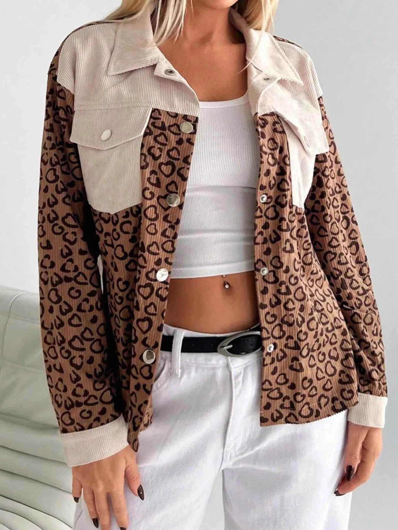 Leopard Long Sleeve Jacket with Chest Pockets - DevilShop