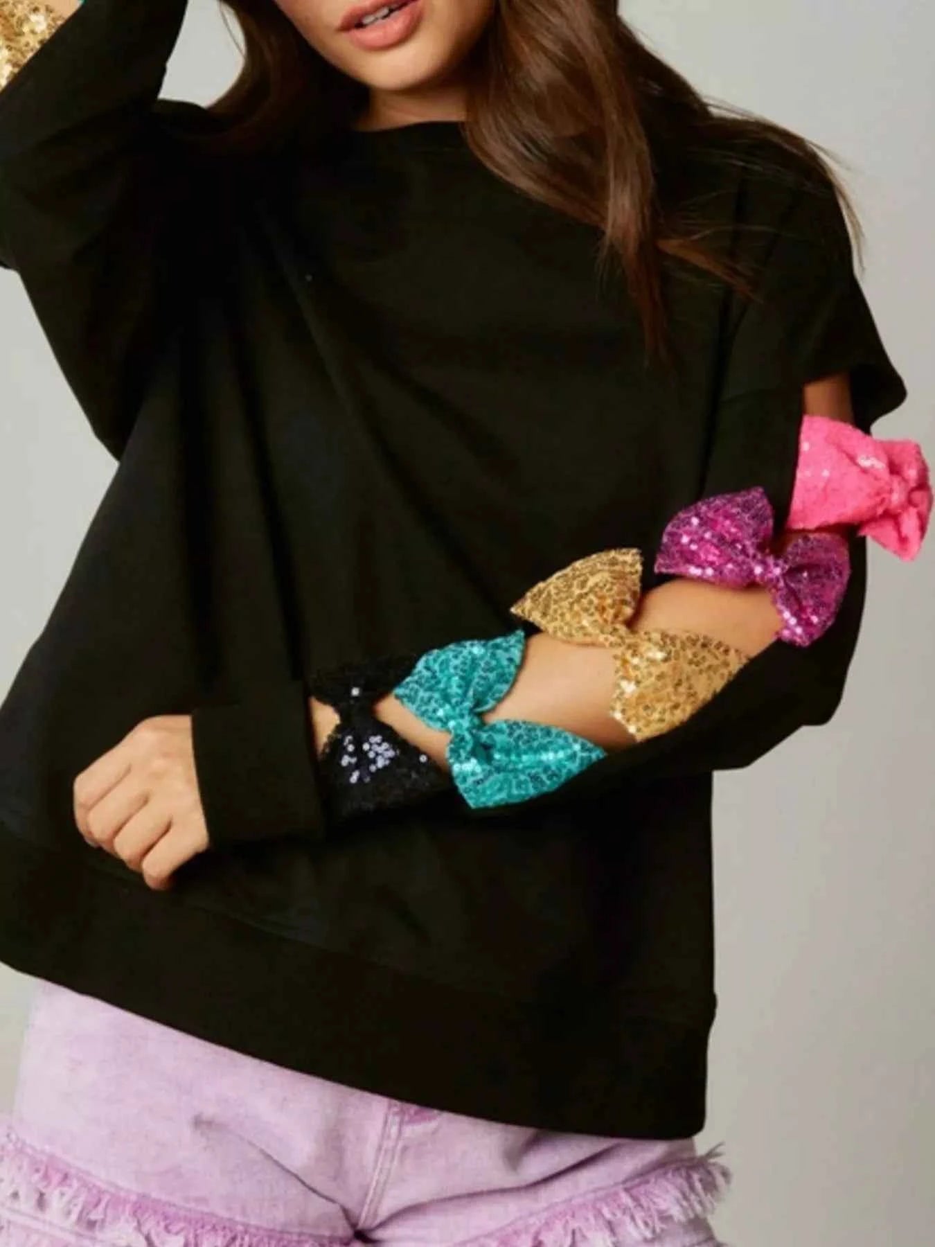 Sequin Bow Cutout Round Neck Sweatshirt
