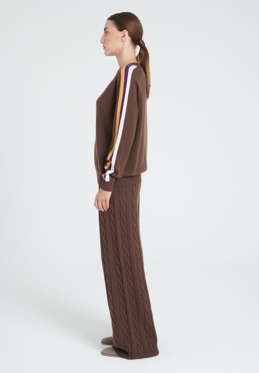 Pull col rond femme en cachemire marron & bande multicolor - ZAYA 19