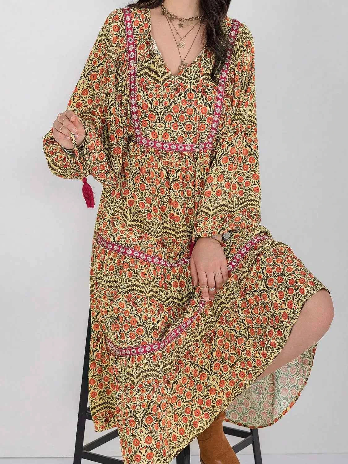 Floral Tiered Midi Dress with Balloon Sleeves