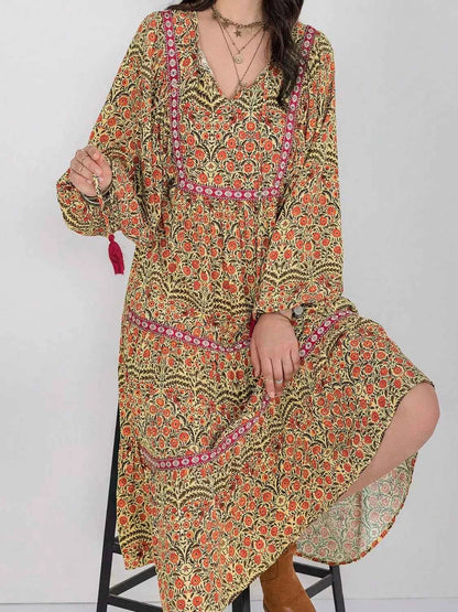 Floral Tiered Midi Dress with Balloon Sleeves