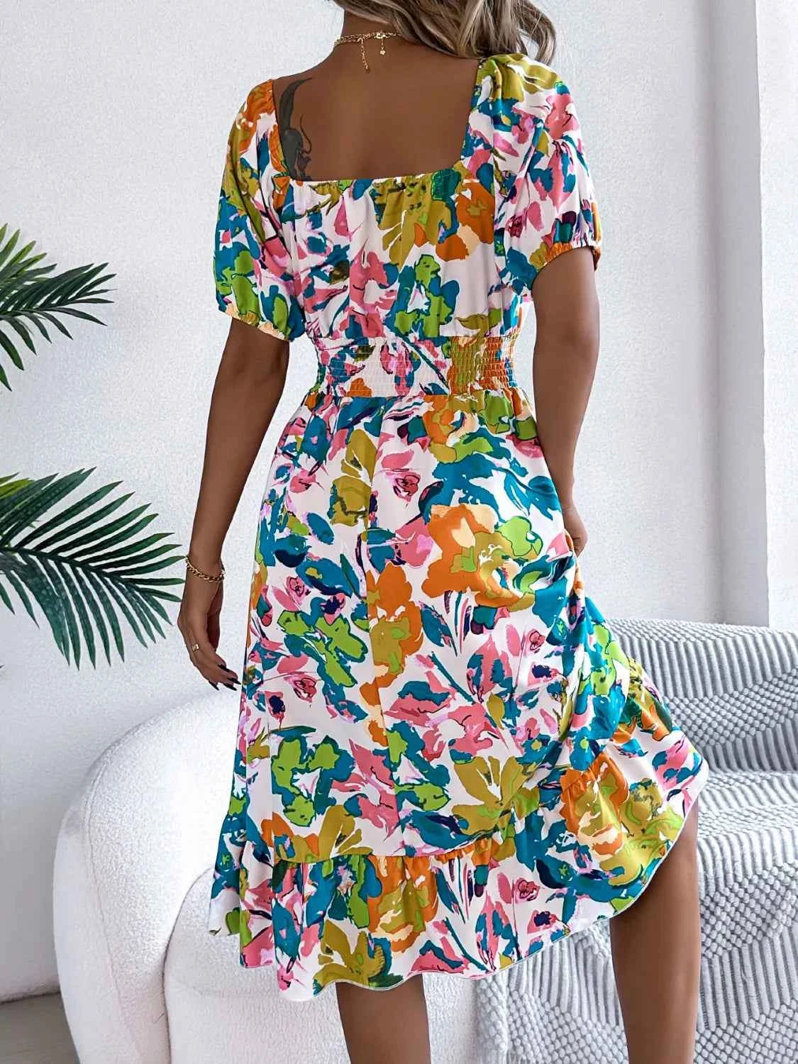 Ruffled Hem Smocked Floral Short Sleeve Midi Dress - DevilShop