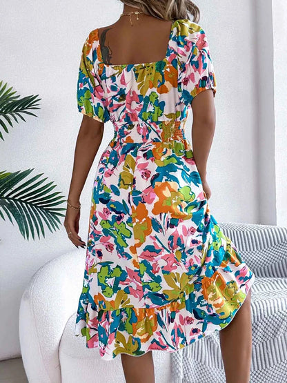 Ruffled Hem Smocked Floral Short Sleeve Midi Dress - DevilShop