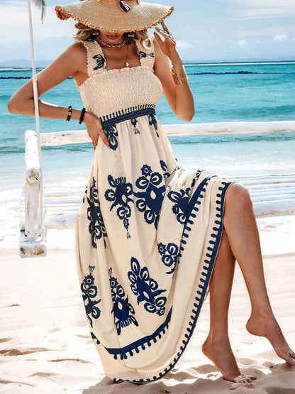 Smocked Printed Wide Strap Maxi Dress - DevilShop