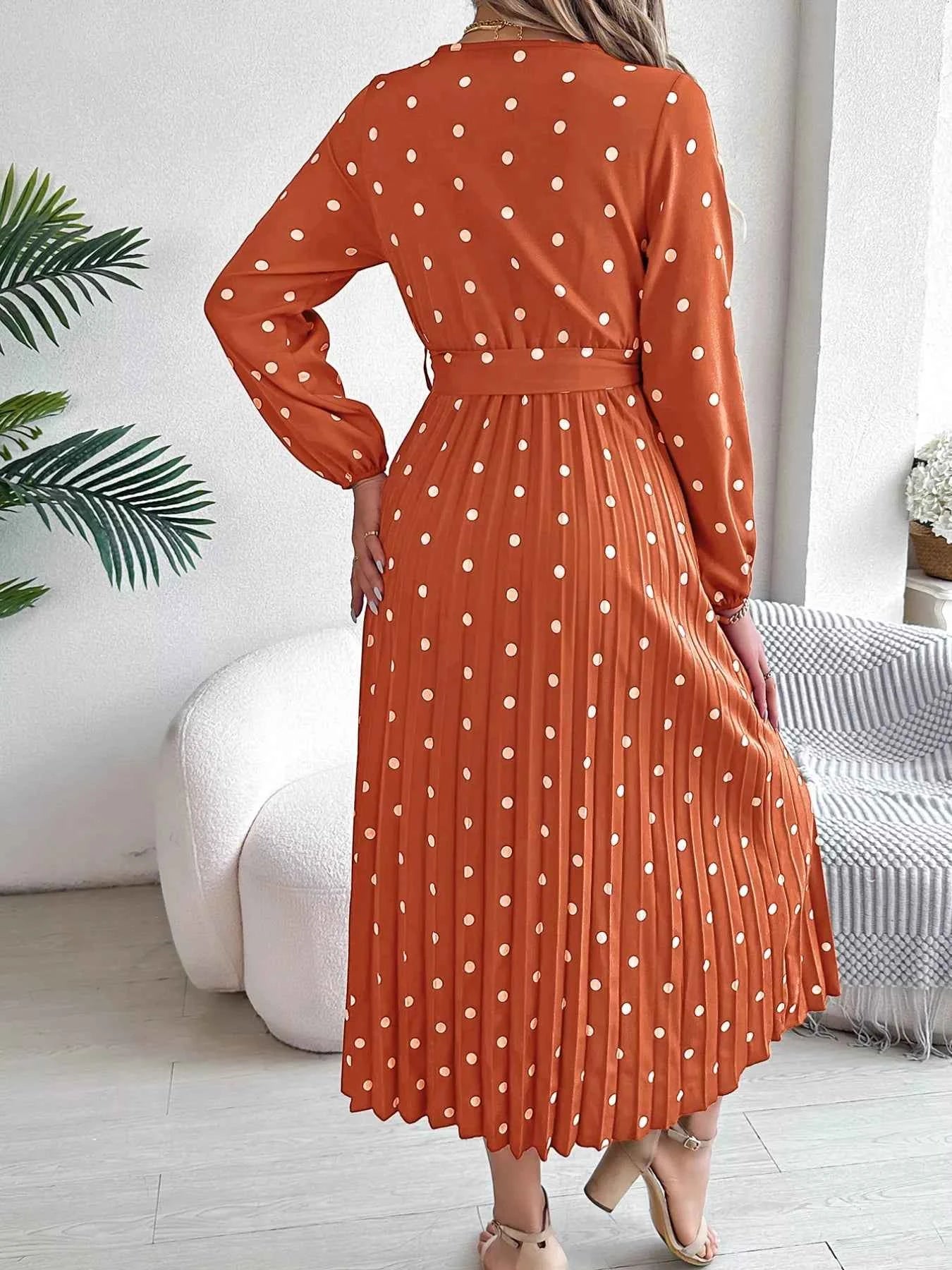 Front Tie Polka Dot Midi Pleated Dress