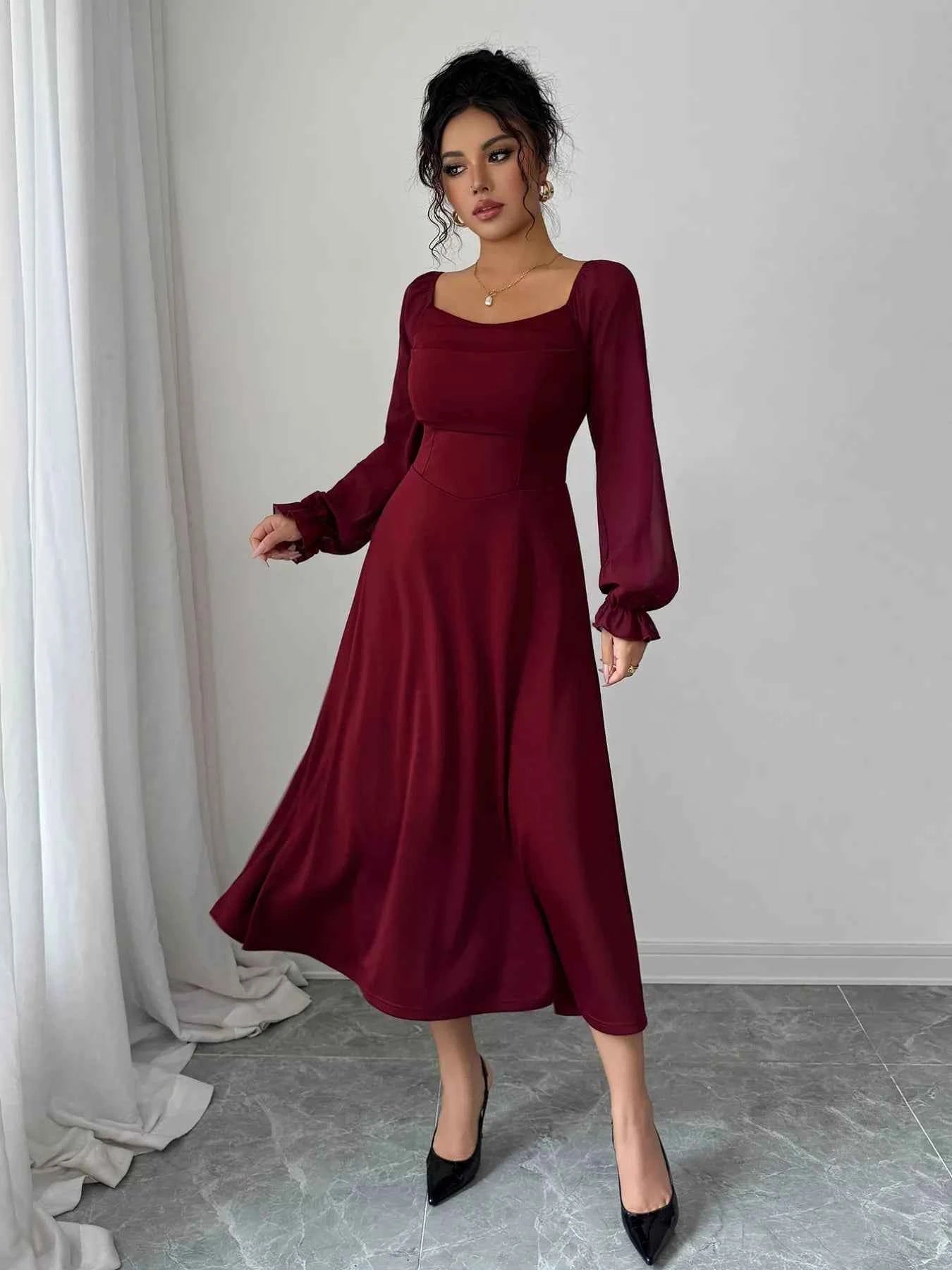 Flounce Sleeve A-Line Midi Dress
