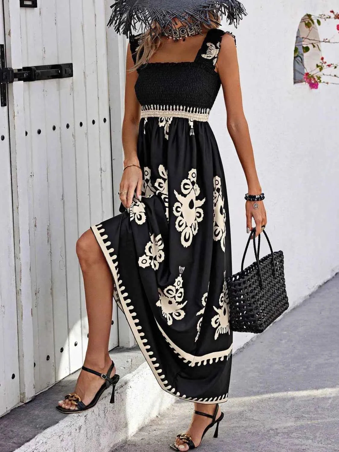 Smocked Printed Wide Strap Maxi Dress - DevilShop