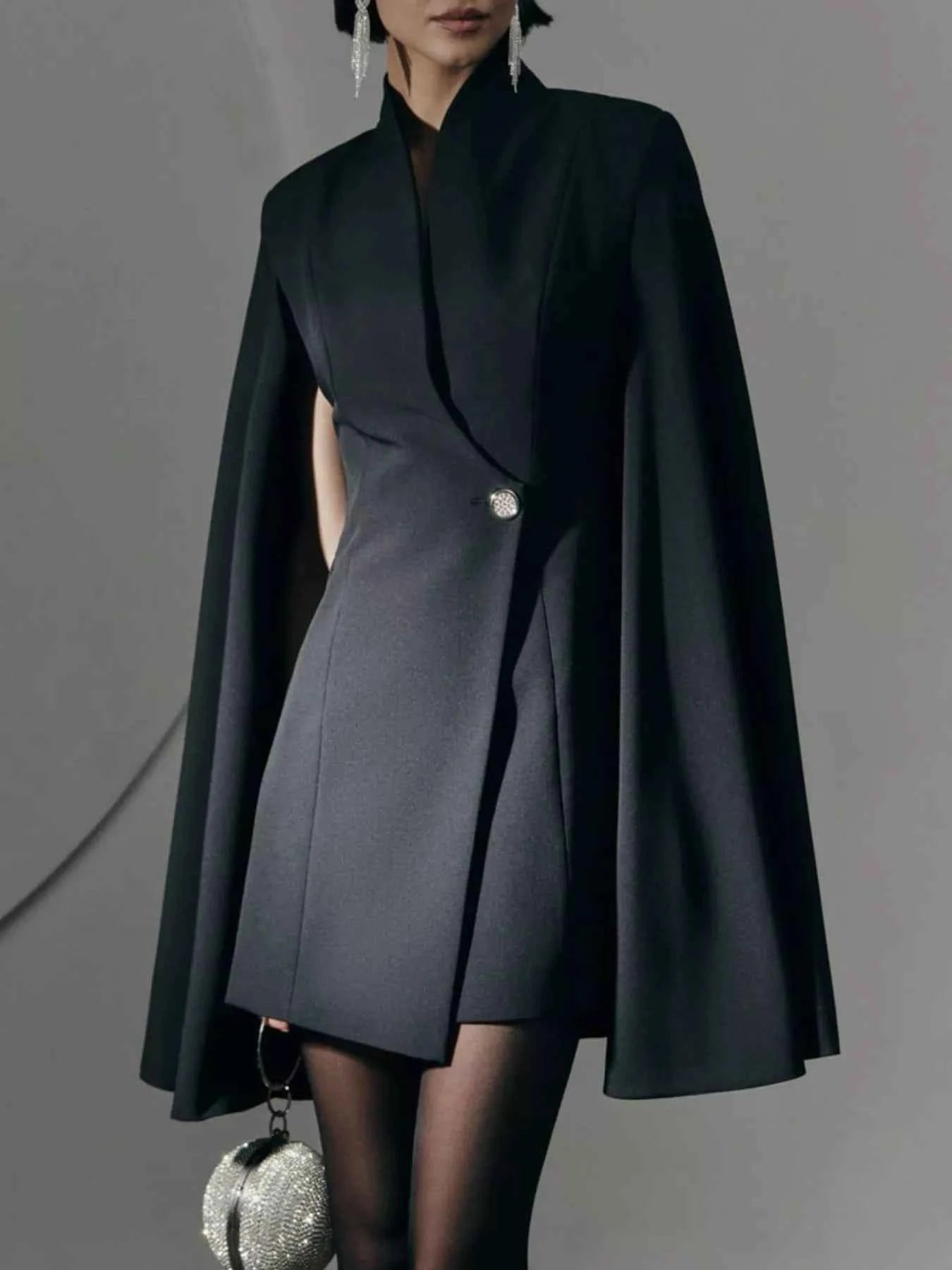 One Button Fitted Mini Blazer Dress with Cape Sleeves