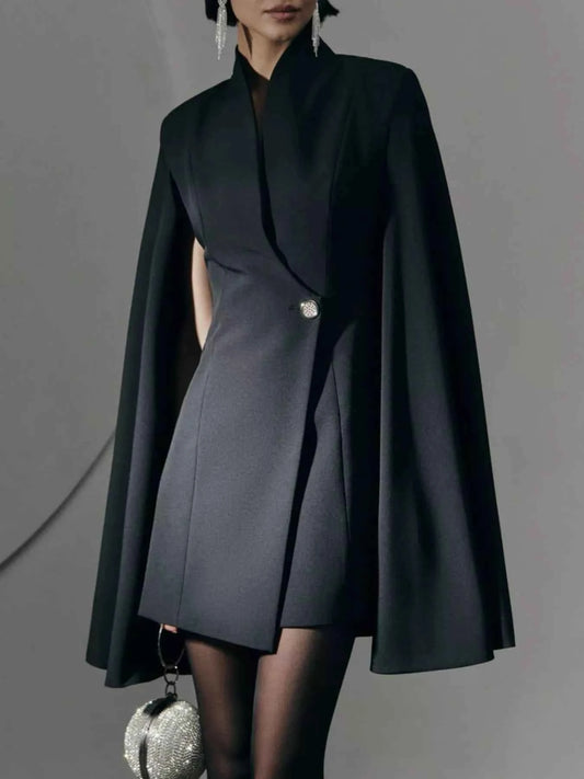 One Button Fitted Mini Blazer Dress with Cape Sleeves