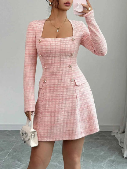 Square Neck Long Sleeve Dress - DevilShop