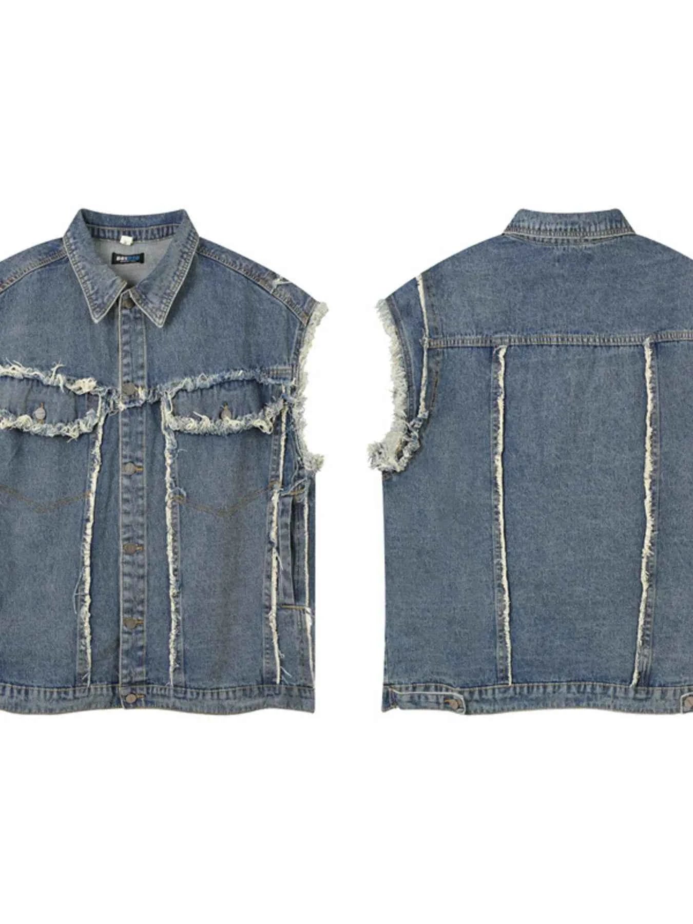 Veste en jean sans manches à boutonnage et ourlet brut - DevilShop