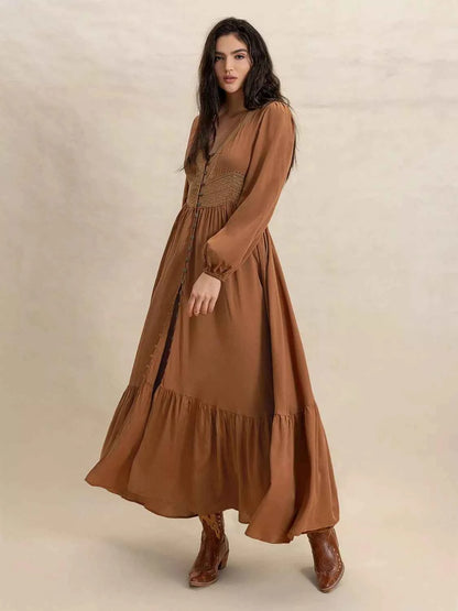 Long Sleeve Button-Front Maxi Dress