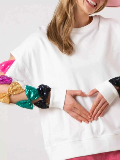 Sequin Bow Cutout Round Neck Sweatshirt