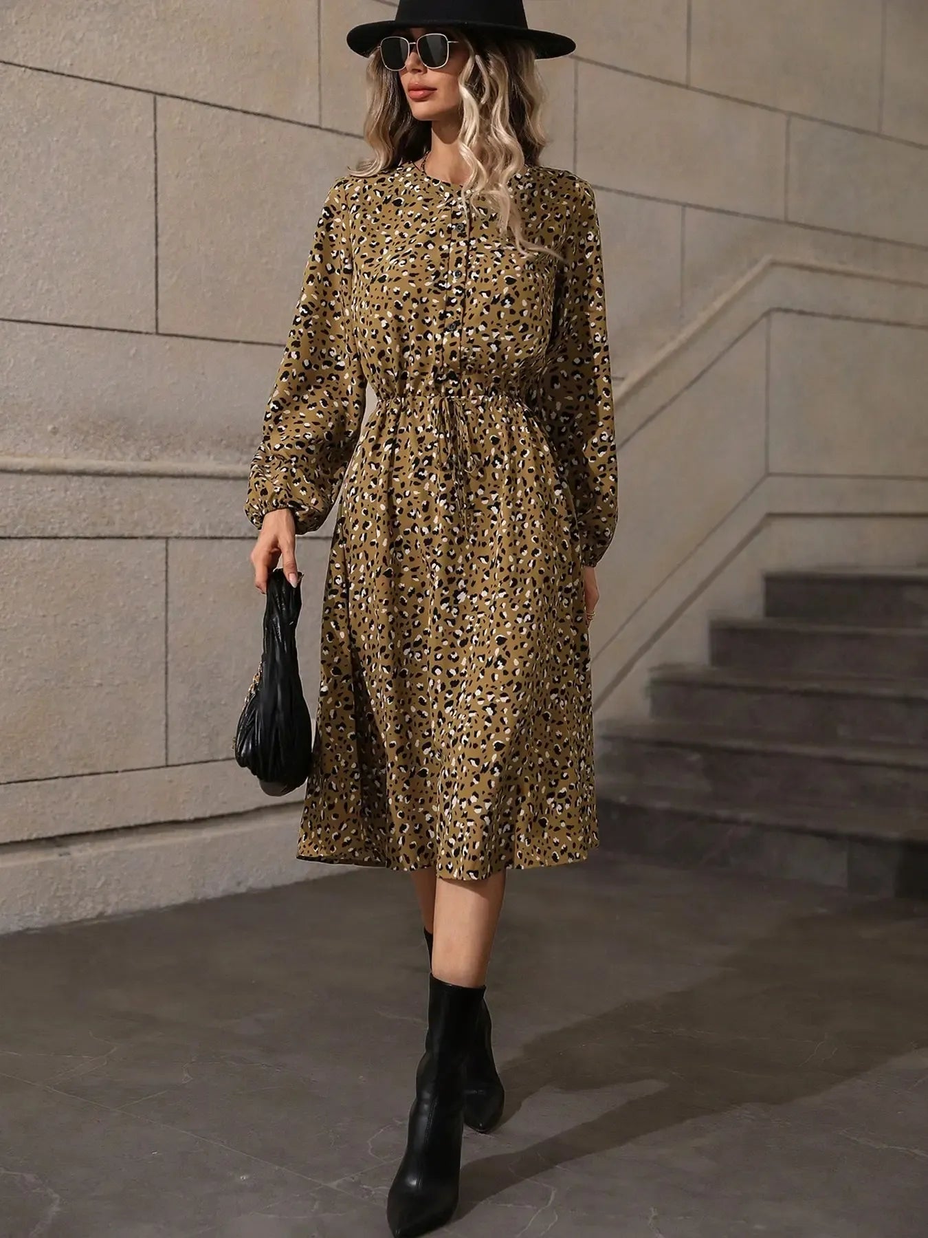 Printed Long Sleeve Midi Dress - DevilShop