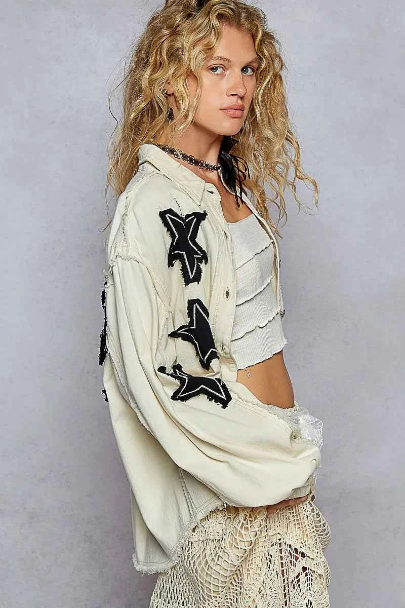 Veste en jean étoile à ourlet brut et poignées boutonnées - DevilShop