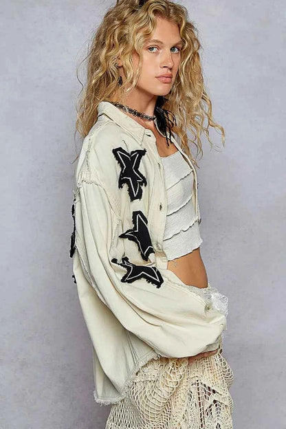 Veste en jean étoile à ourlet brut et poignées boutonnées - DevilShop