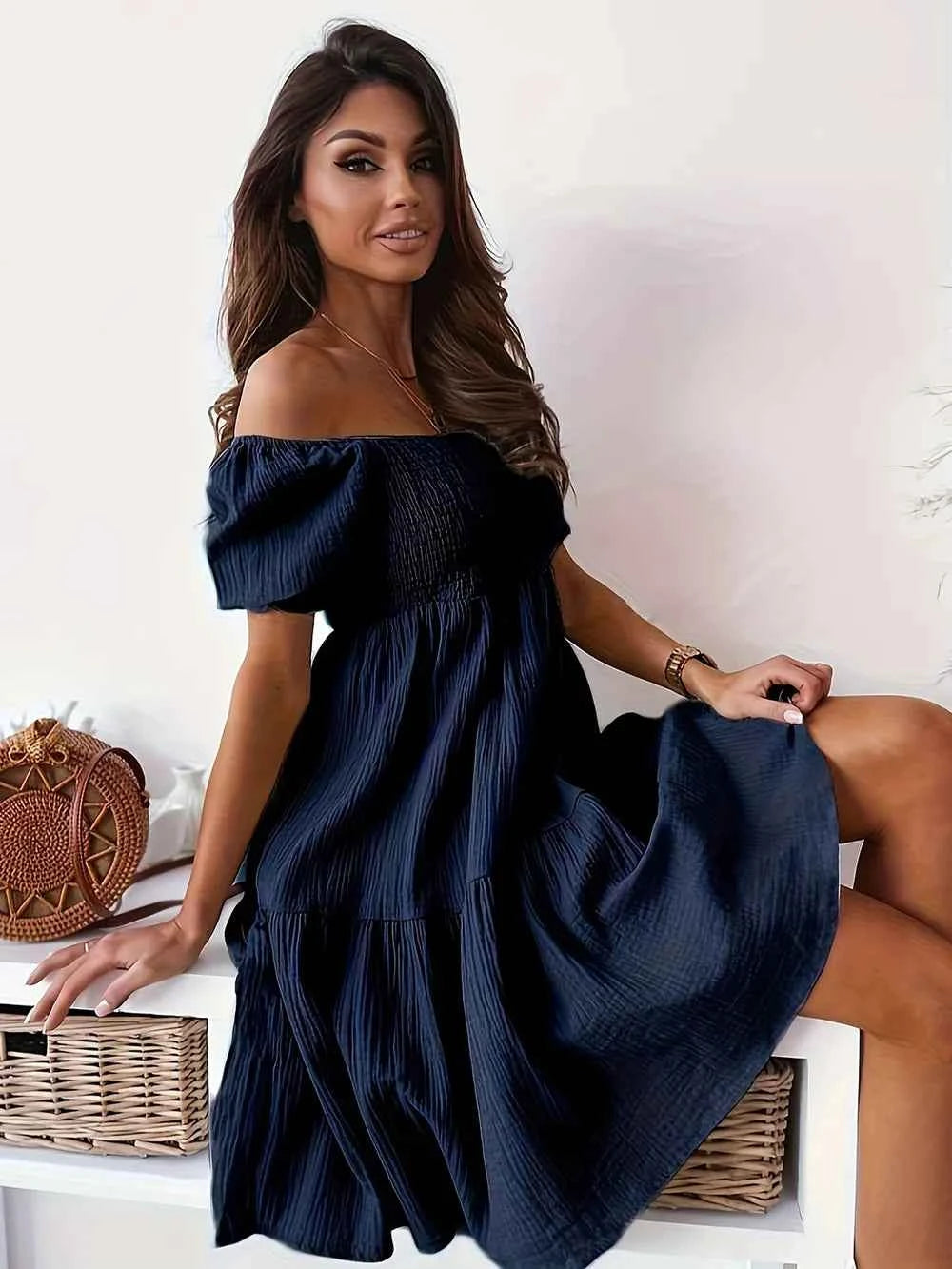 Robe à volants épaules dénudées avec manches courtes - DevilShop