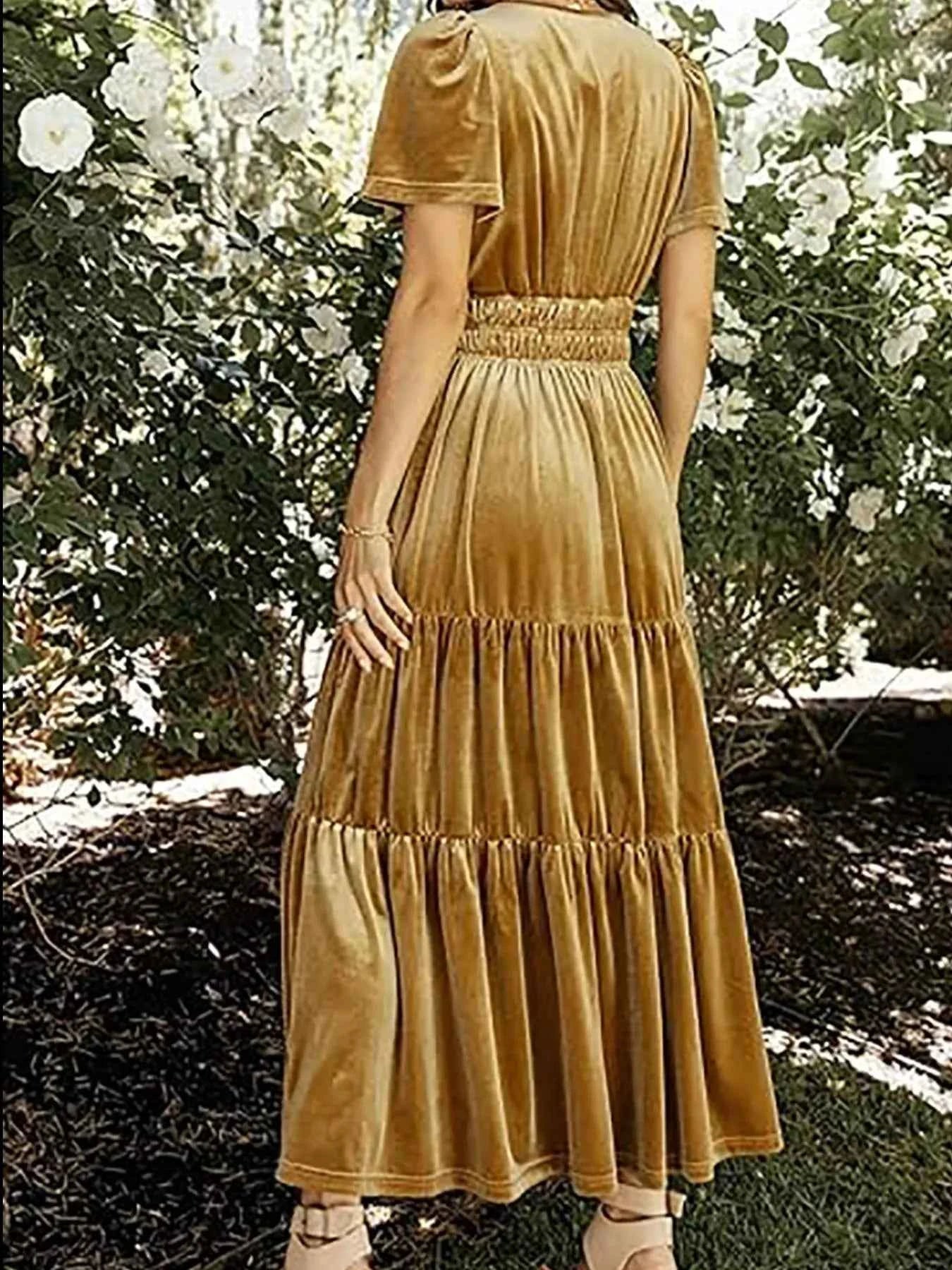 Velvet Tiered Short Sleeve Maxi Dress