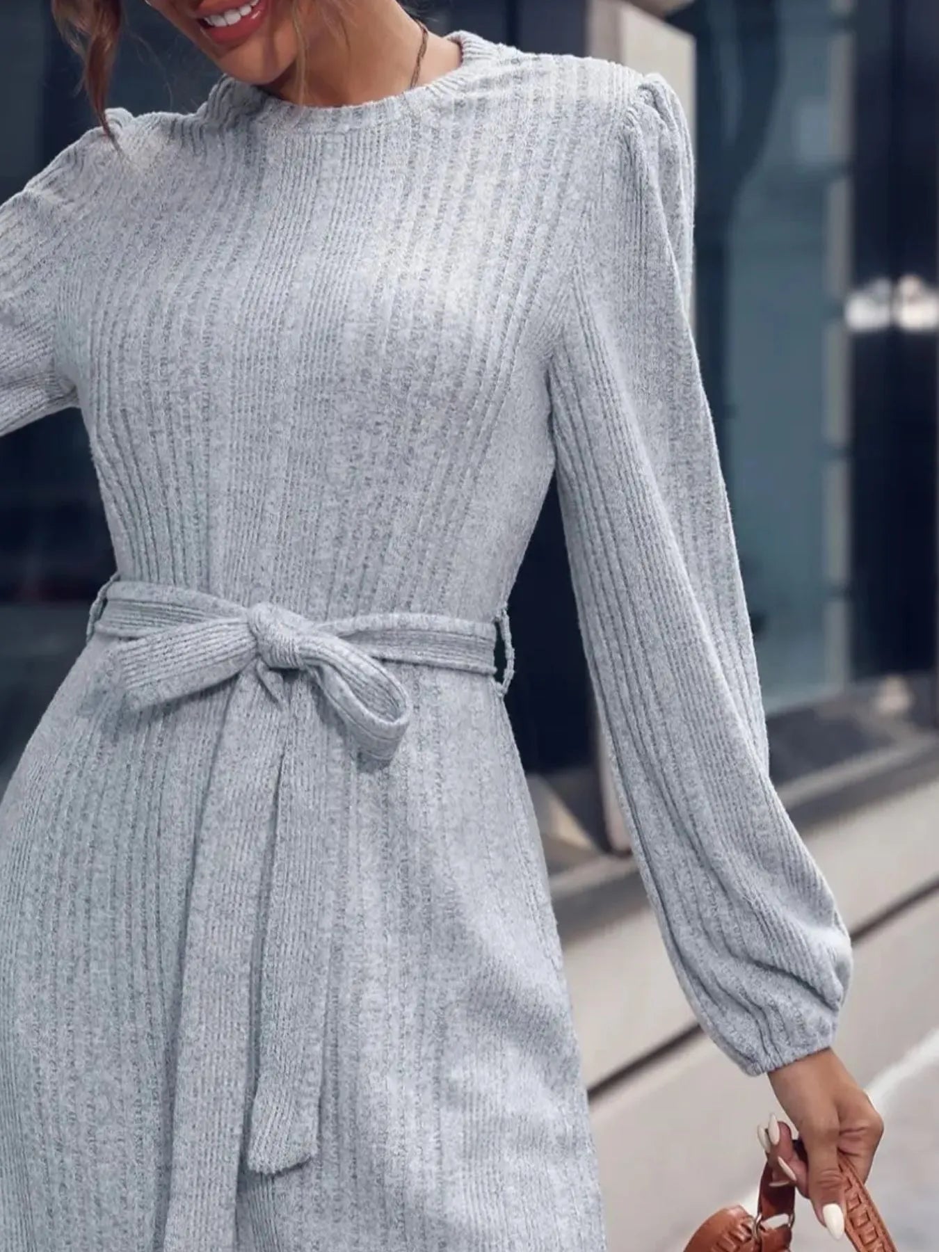 Ribbed Knit Long Sleeve Sweater Dress - DevilShop
