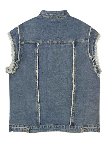 Veste en jean sans manches à boutonnage et ourlet brut - DevilShop