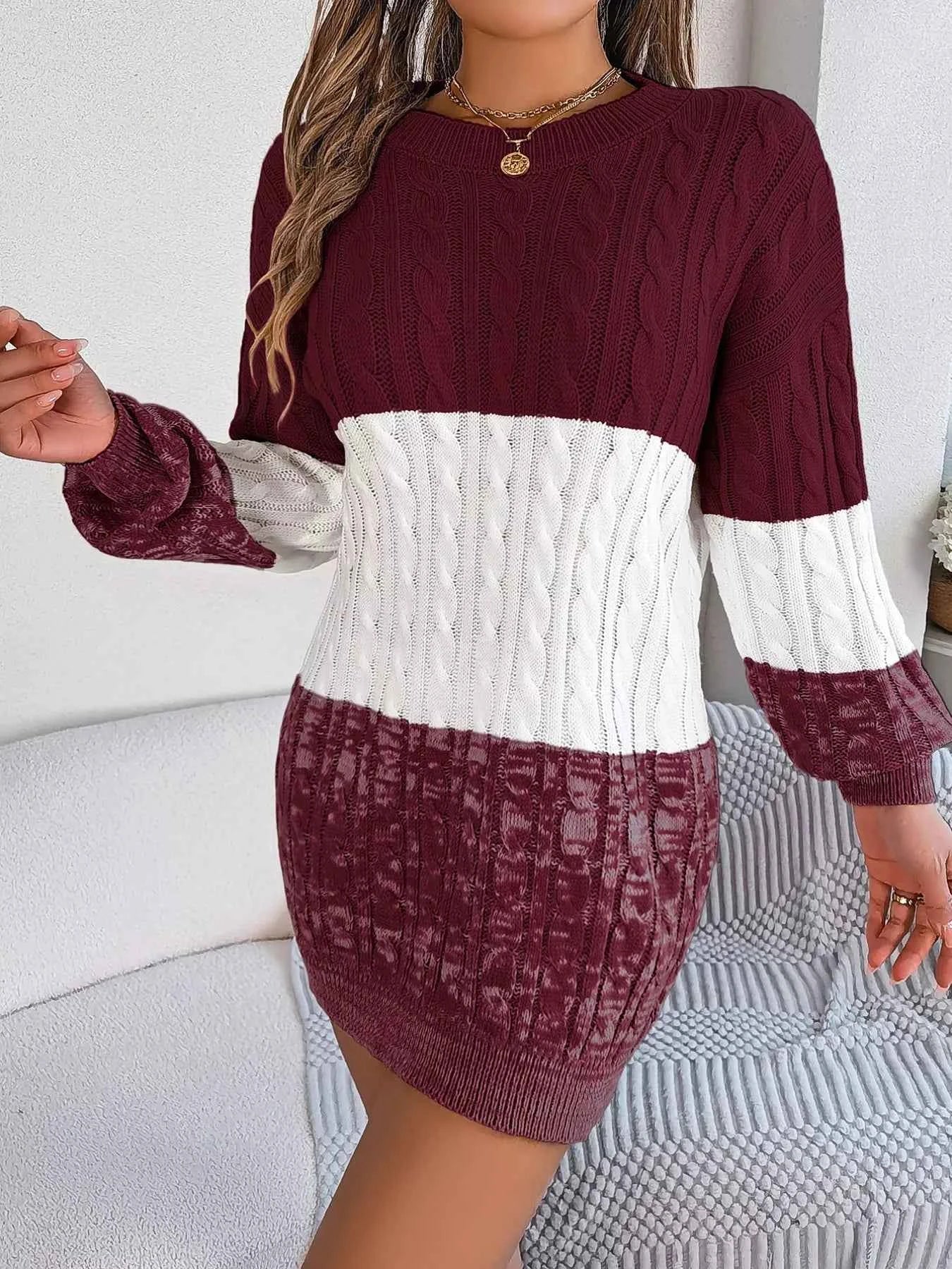Color Block Cable Knit Sweater Dress with Textured Pattern