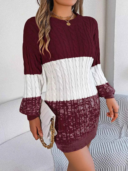 Color Block Cable Knit Sweater Dress with Textured Pattern