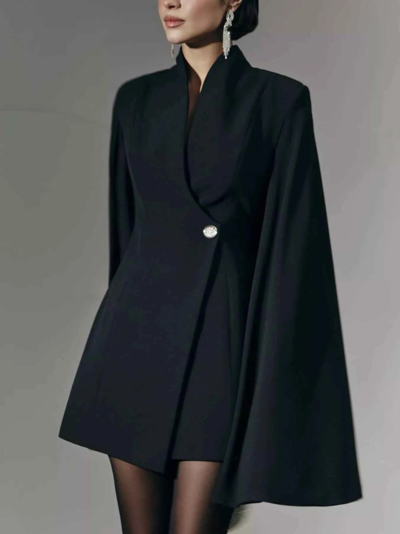 One Button Fitted Mini Blazer Dress with Cape Sleeves