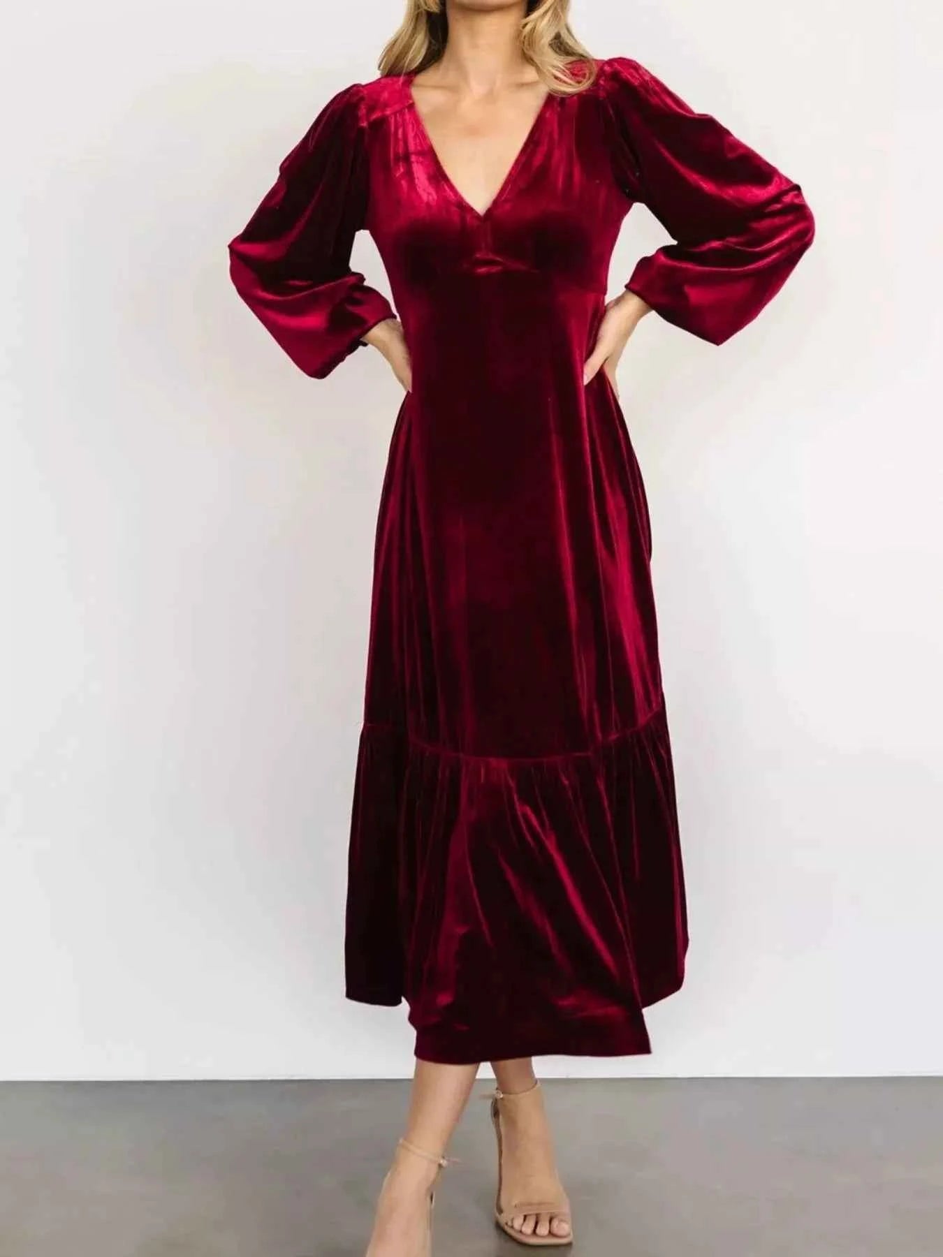 Velvet Tiered Long Sleeve Midi Dress