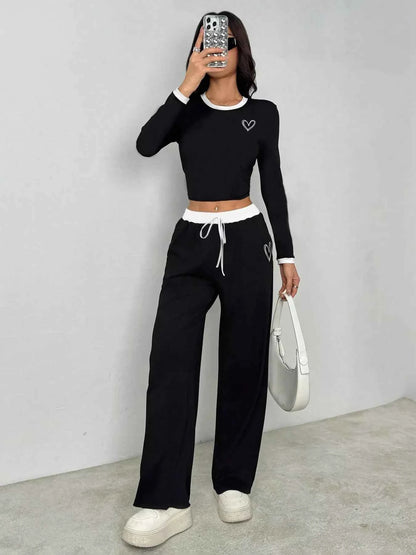 Contrast Trim Crop Top and Wide Leg Pants Set