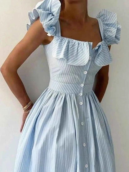 Robe à volants et à rayures, col carré - DevilShop