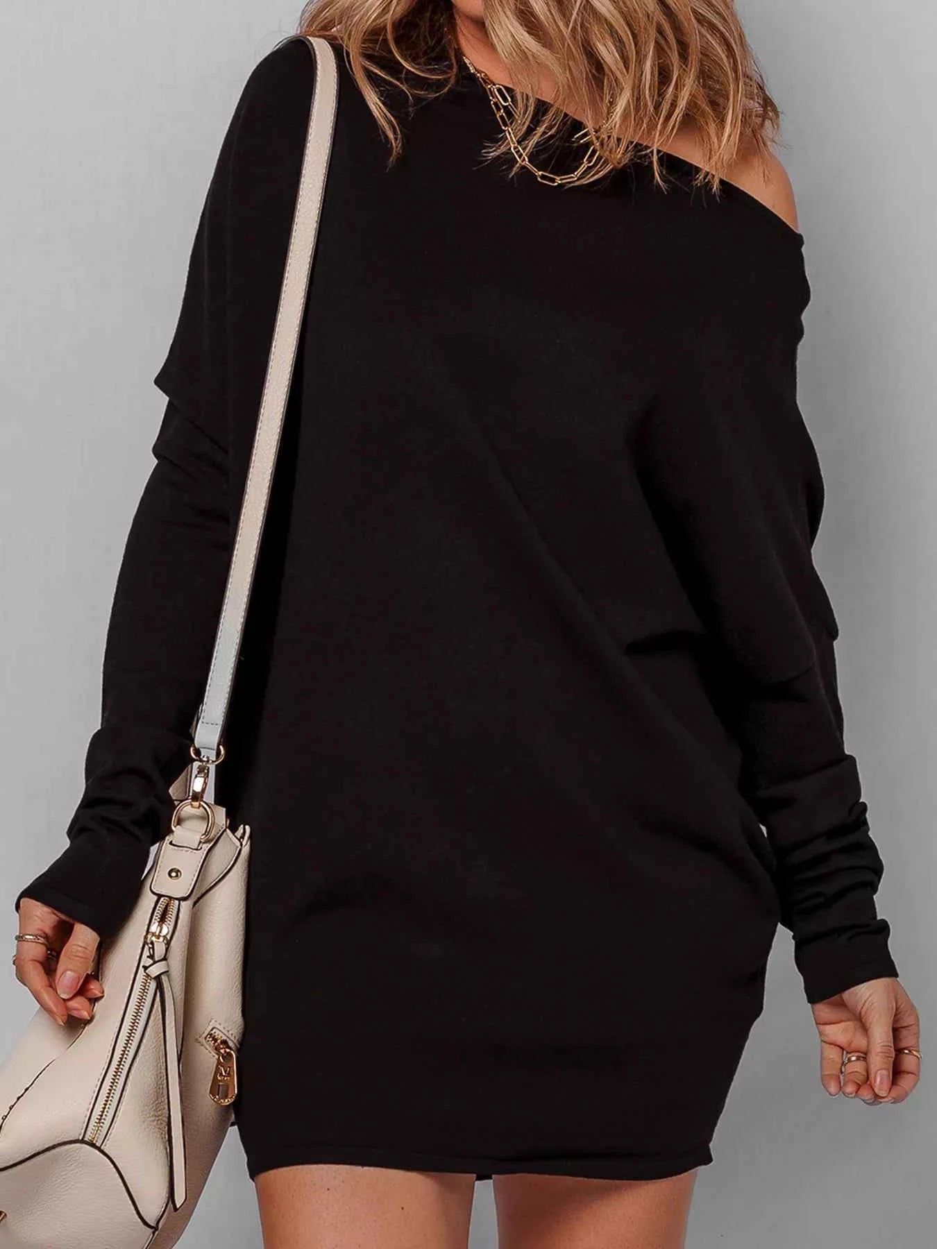 Asymmetric Neck Batwing Sleeve Shift Mini Sweater Dress