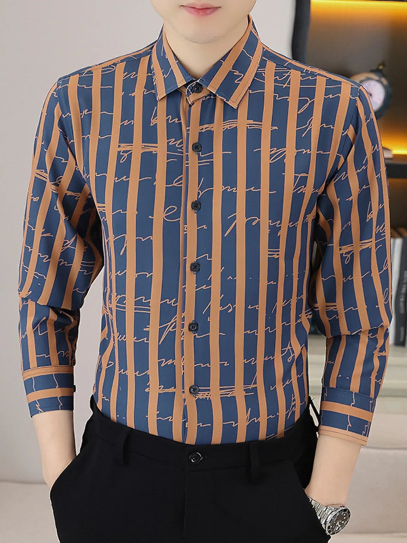 Men's Plus Size Striped Button Up Long Sleeve Shirt - DevilShop
