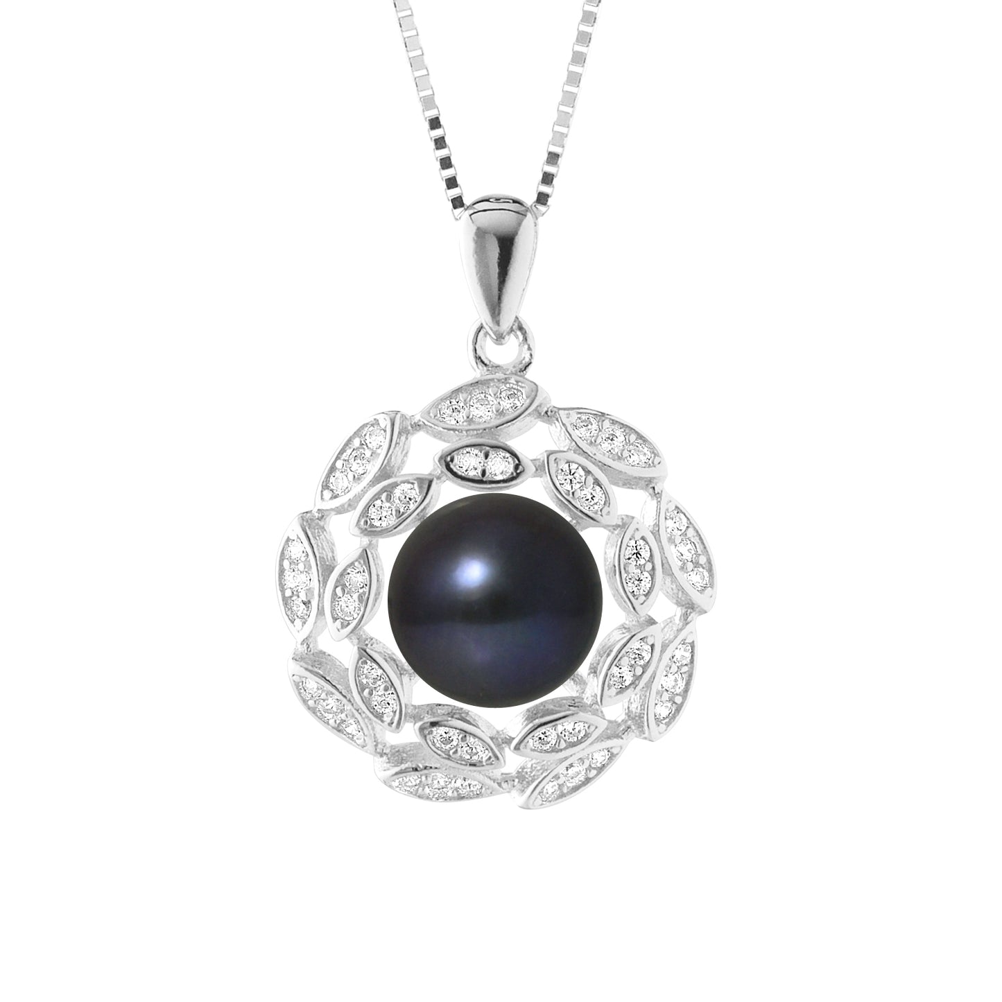 PERLINEA- Collier Corolle- Perle de Culture d'Eau Douce  Bouton 8-9 mm Black Tahiti- Bijou Femme- Argent 925 Millièmes - DevilShop