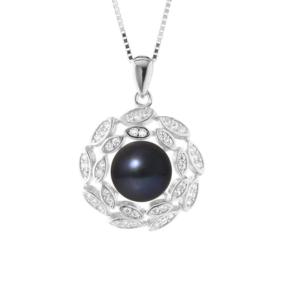 PERLINEA- Collier Corolle- Perle de Culture d'Eau Douce  Bouton 8-9 mm Black Tahiti- Bijou Femme- Argent 925 Millièmes - DevilShop