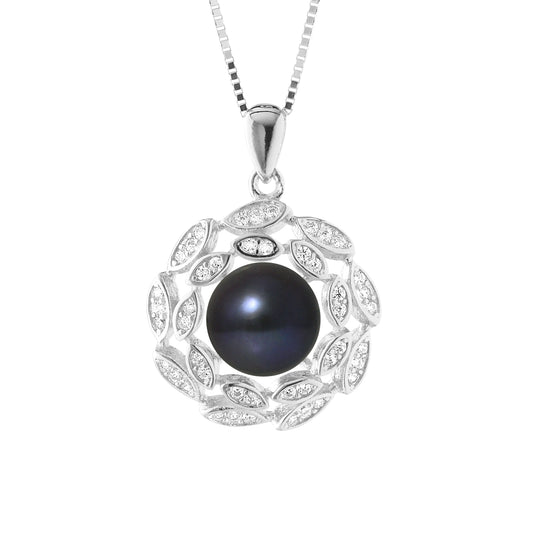 PERLINEA- Collier Corolle- Perle de Culture d'Eau Douce  Bouton 8-9 mm Black Tahiti- Bijou Femme- Argent 925 Millièmes - DevilShop
