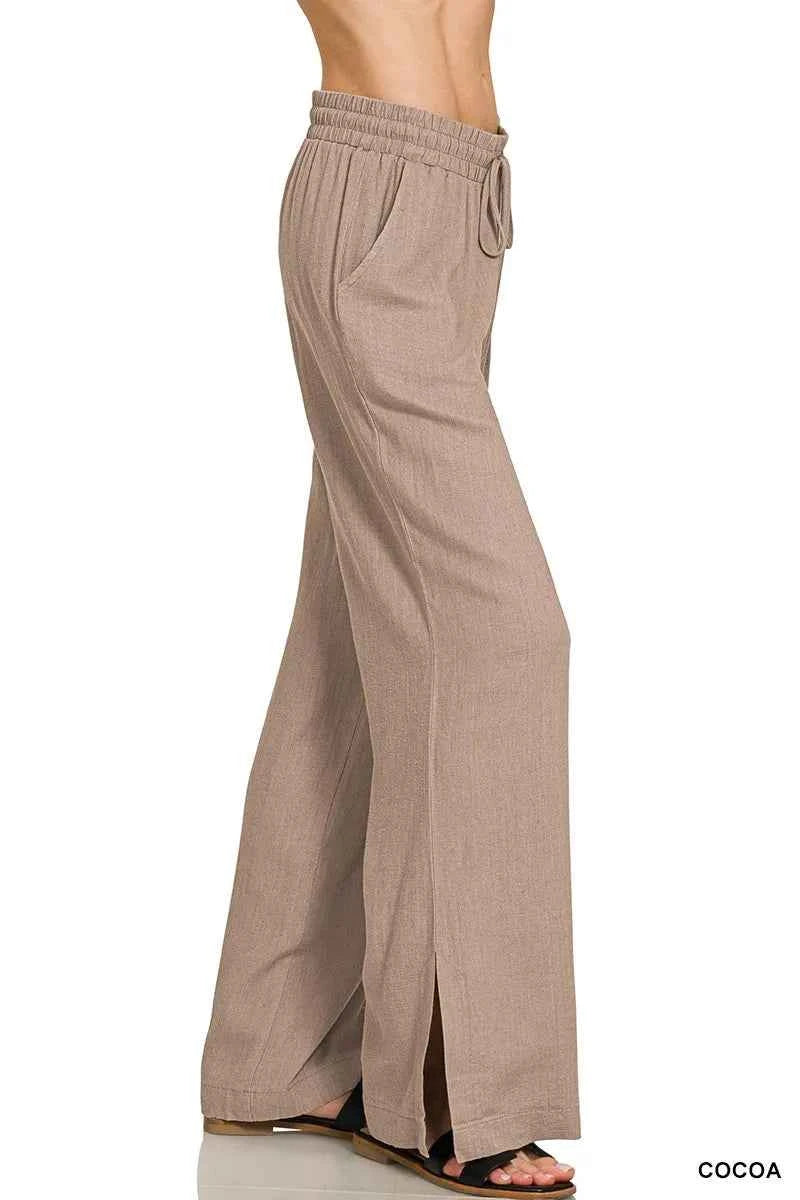 Pantalon lin Zenana à cordon pour un style décontracté - DevilShop