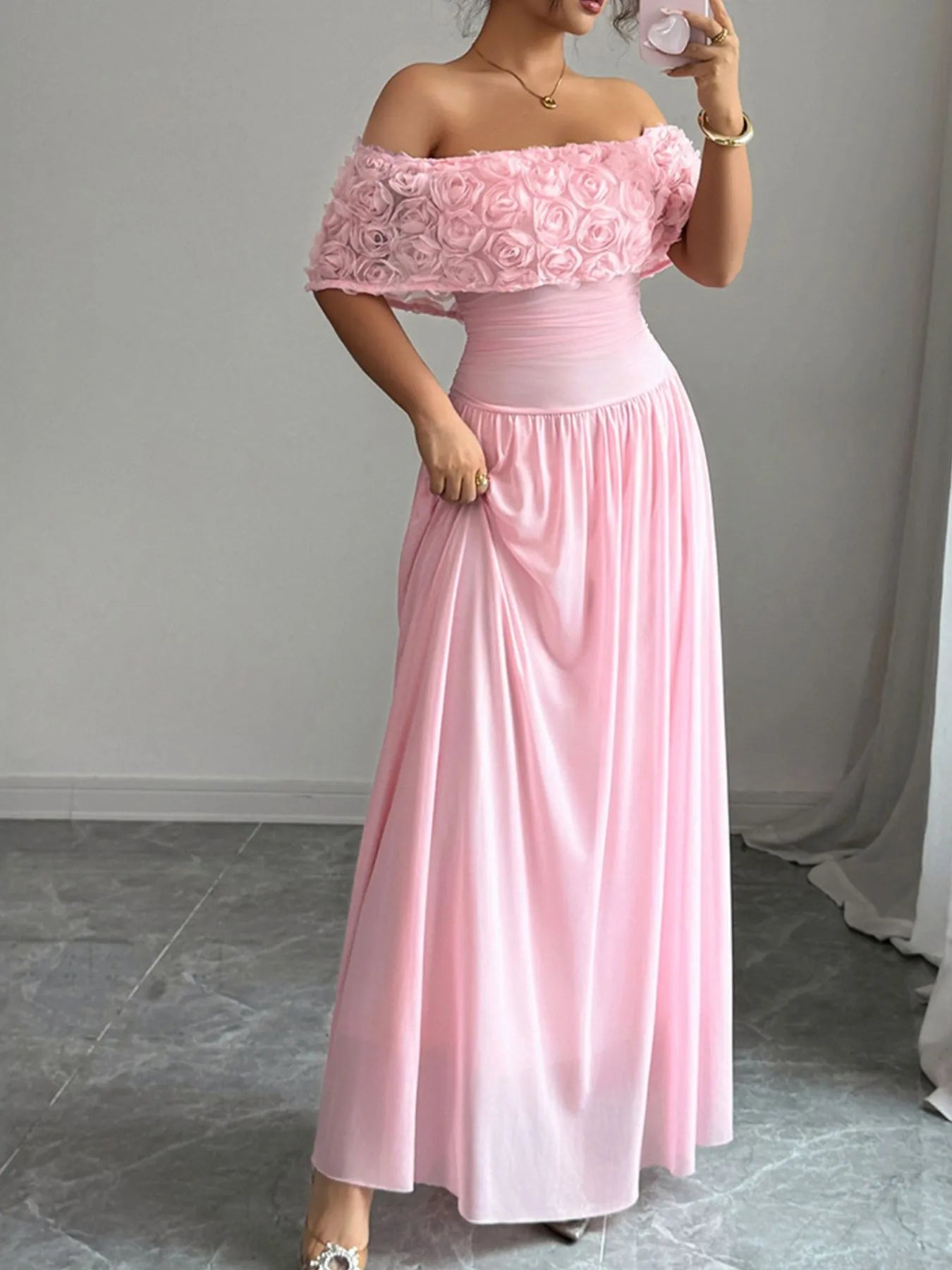 Off-Shoulder Rose Embellished Maxi Dress - DevilShop