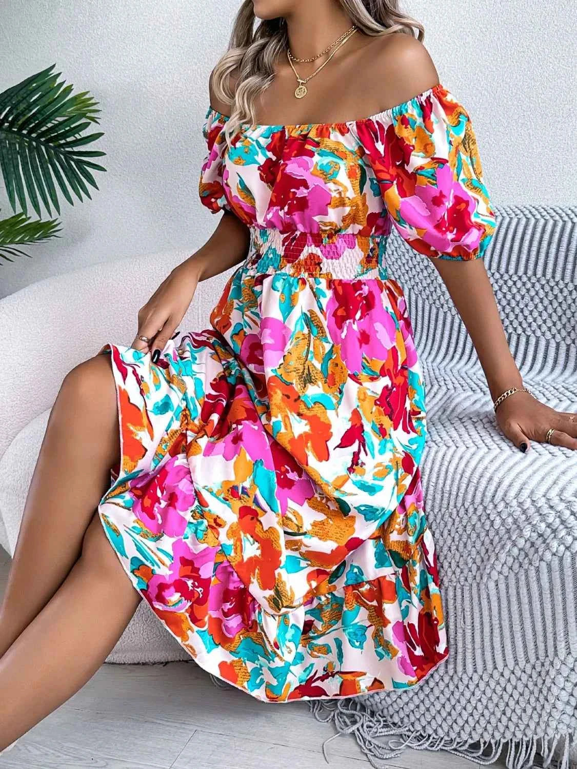 Ruffled Hem Smocked Floral Short Sleeve Midi Dress - DevilShop