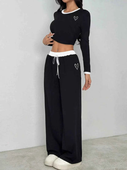 Contrast Trim Crop Top and Wide Leg Pants Set