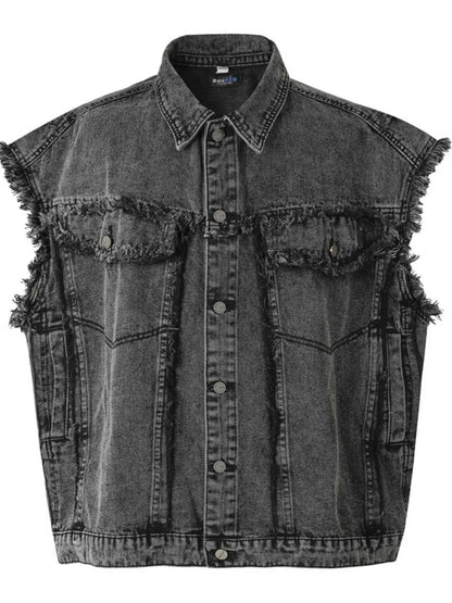 Veste en jean sans manches à boutonnage et ourlet brut - DevilShop