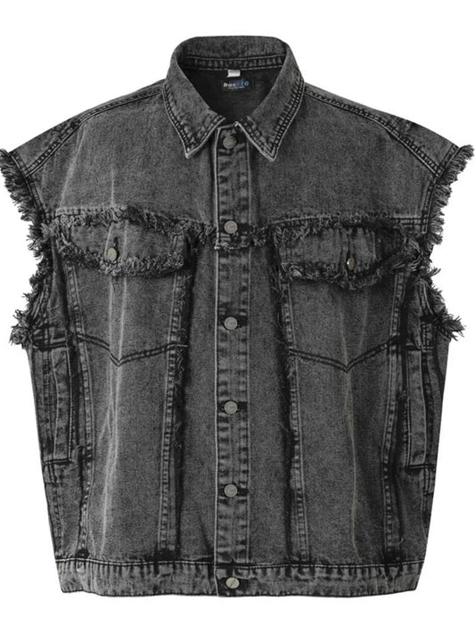 Veste en jean sans manches à boutonnage et ourlet brut - DevilShop