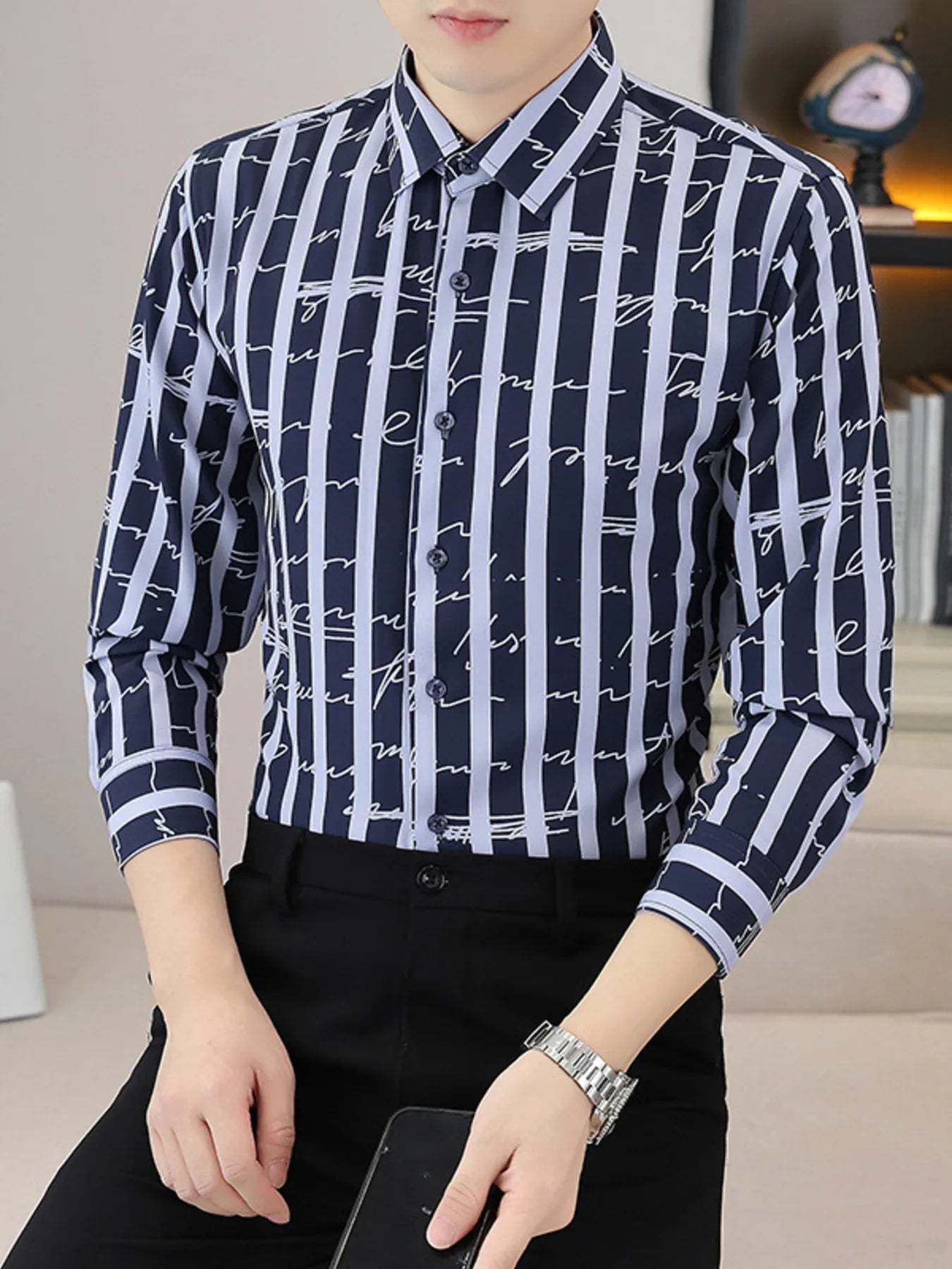 Men's Plus Size Striped Button Up Long Sleeve Shirt - DevilShop