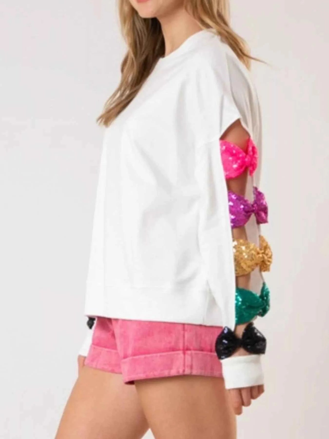 Sequin Bow Cutout Round Neck Sweatshirt