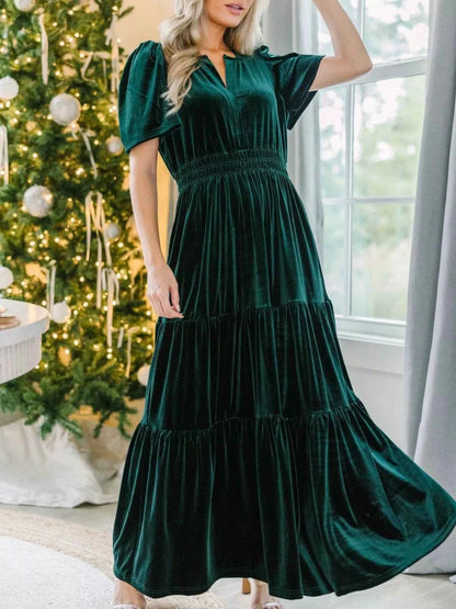 Velvet Tiered Short Sleeve Maxi Dress
