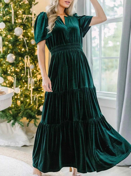 Velvet Tiered Short Sleeve Maxi Dress