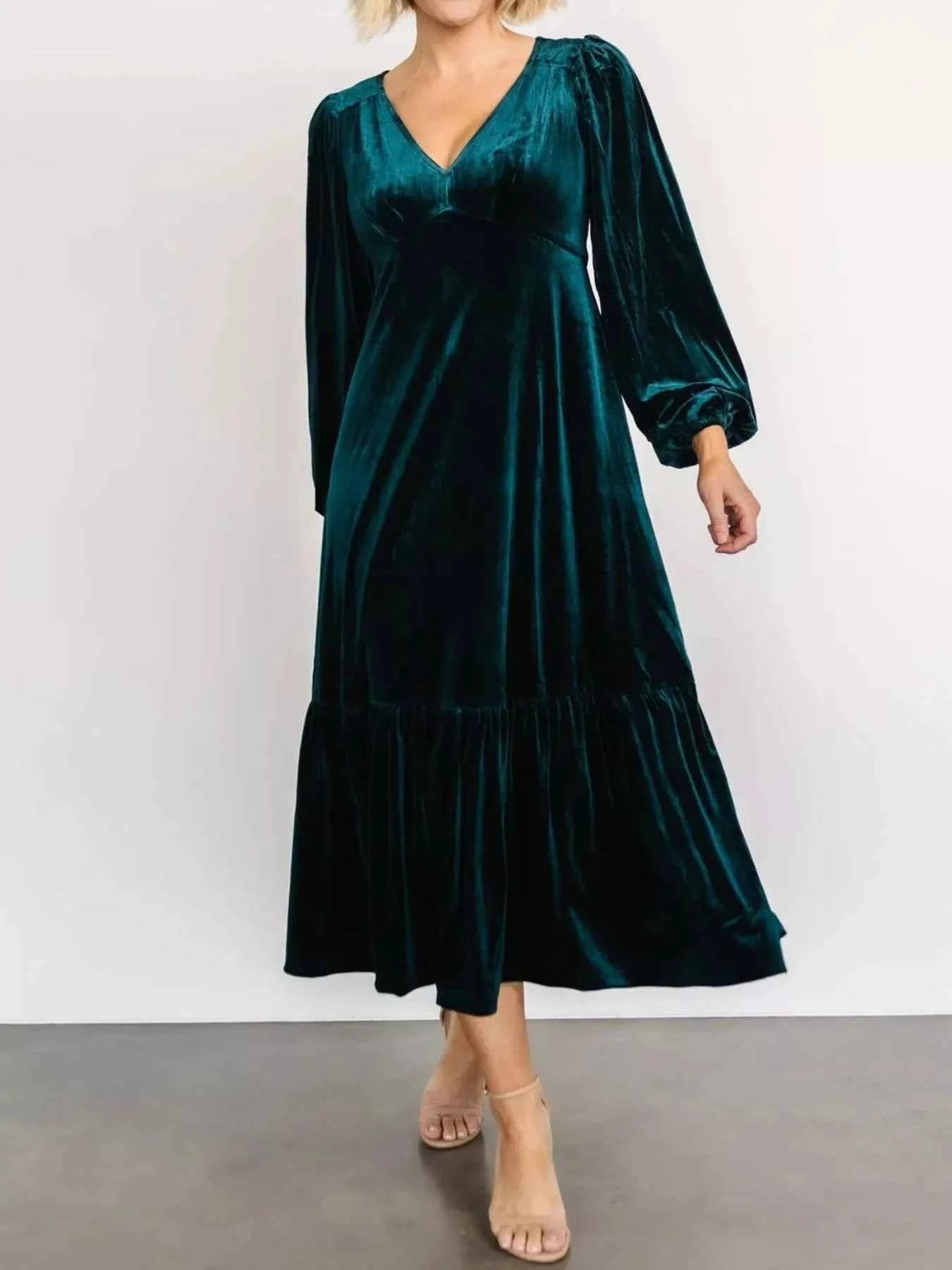 Velvet Tiered Long Sleeve Midi Dress
