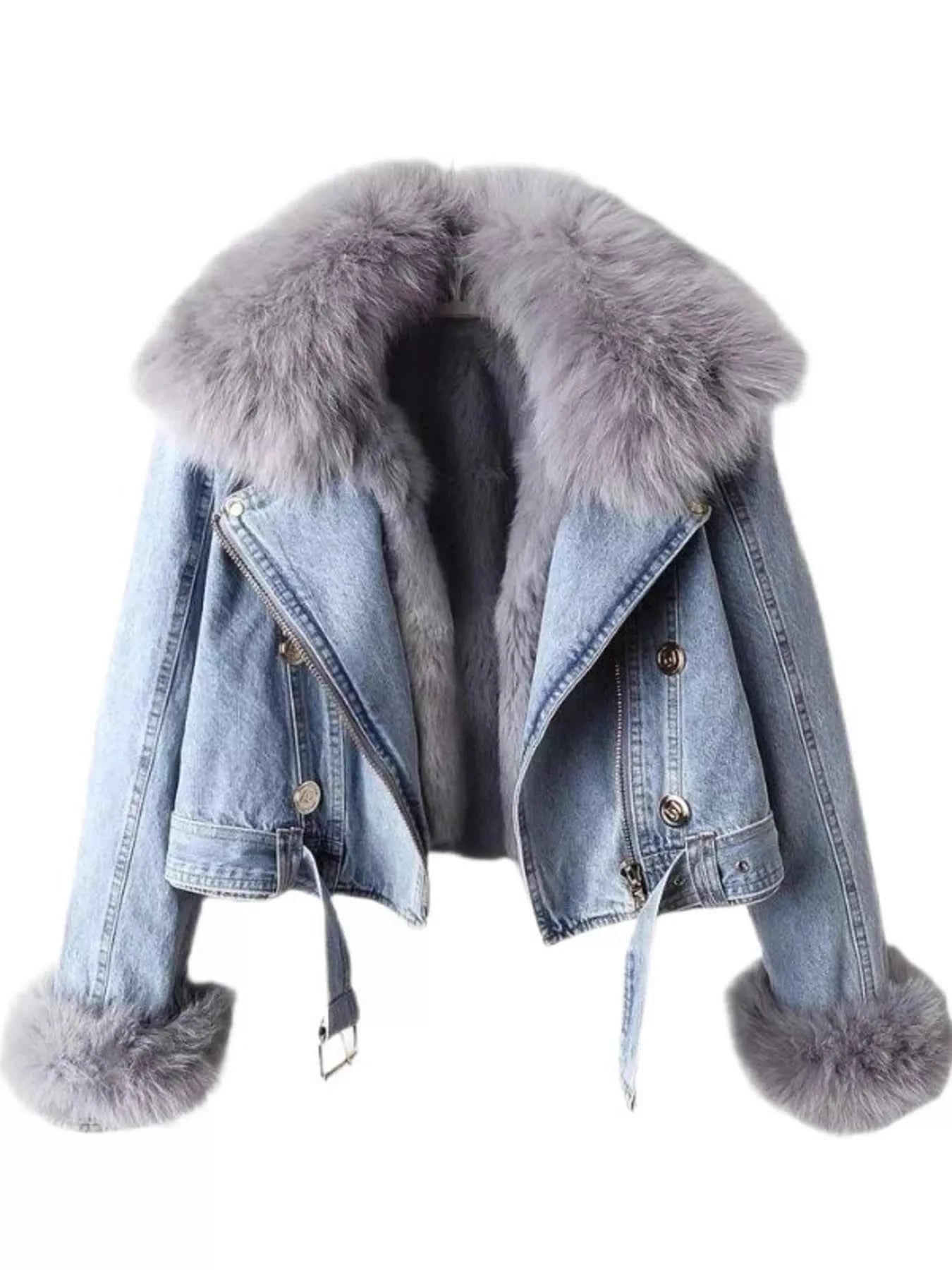 Full Size Faux Fur Collar Denim Jacket Plus Size